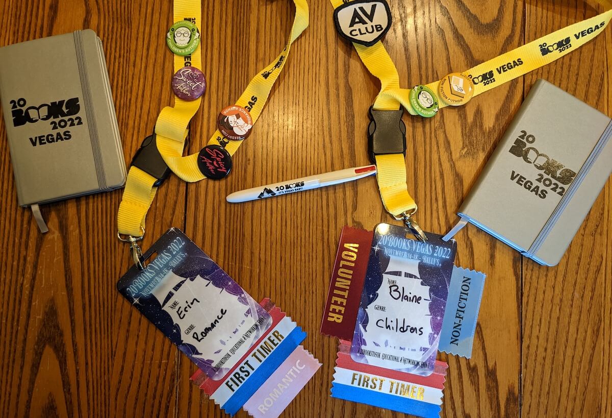 Name badges, notebooks, and a pen from 20 Books Vegas