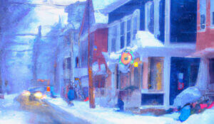 Maine Street on a snowy day in an impressionist style