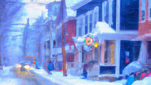 Maine Street on a snowy day in an impressionist style