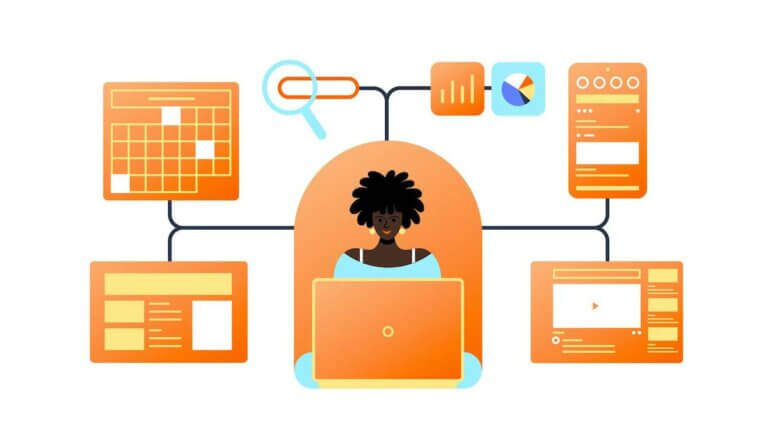 An illustration of a woman sitting at a computer with tracking links appearing behind her.