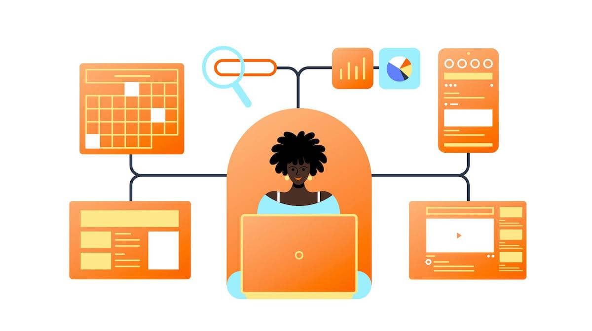 An illustration of a woman sitting at a computer with tracking links appearing behind her.