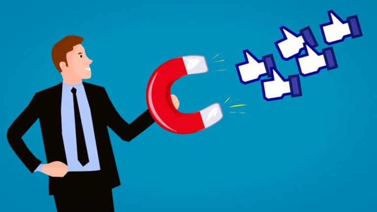 An illustration of a man with a magnet pulling in Facebook Likes