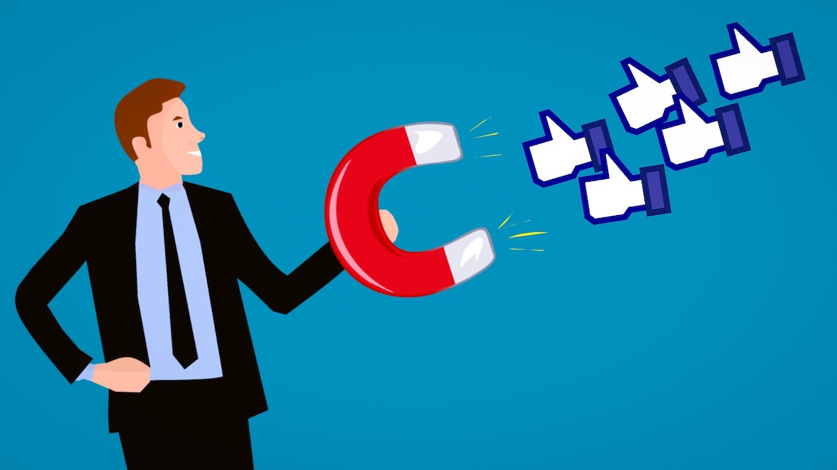 An illustration of a man with a magnet pulling in Facebook Likes