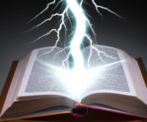 A lightning bolt striking a book that lays open on a table