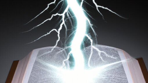 A lightning bolt striking a book that lays open on a table