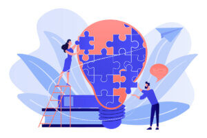 An illustration of two people putting a giant light bulb puzzle together in front of a stack of books