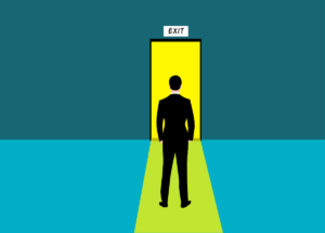 An illustration of a man in a suit standing in front of an exit door.