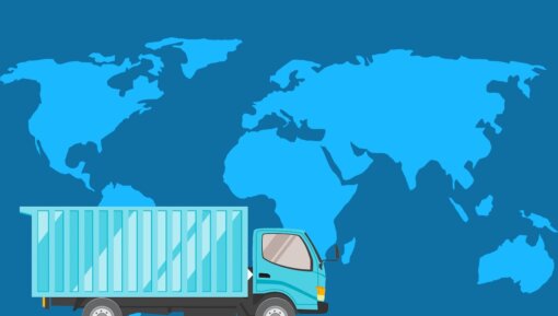 An illustration of a cargo truck driving in front of a mural of a world map.