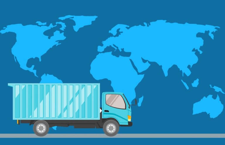An illustration of a cargo truck driving in front of a mural of a world map.