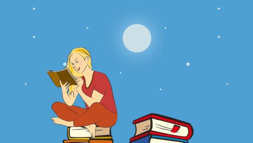 A cartoon woman reading a book under the night sky while sitting on a pile of books.
