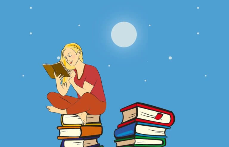 A cartoon woman reading a book under the night sky while sitting on a pile of books.
