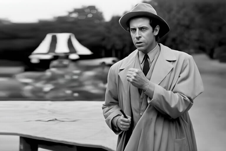A man in a trench coat and hat in black & white