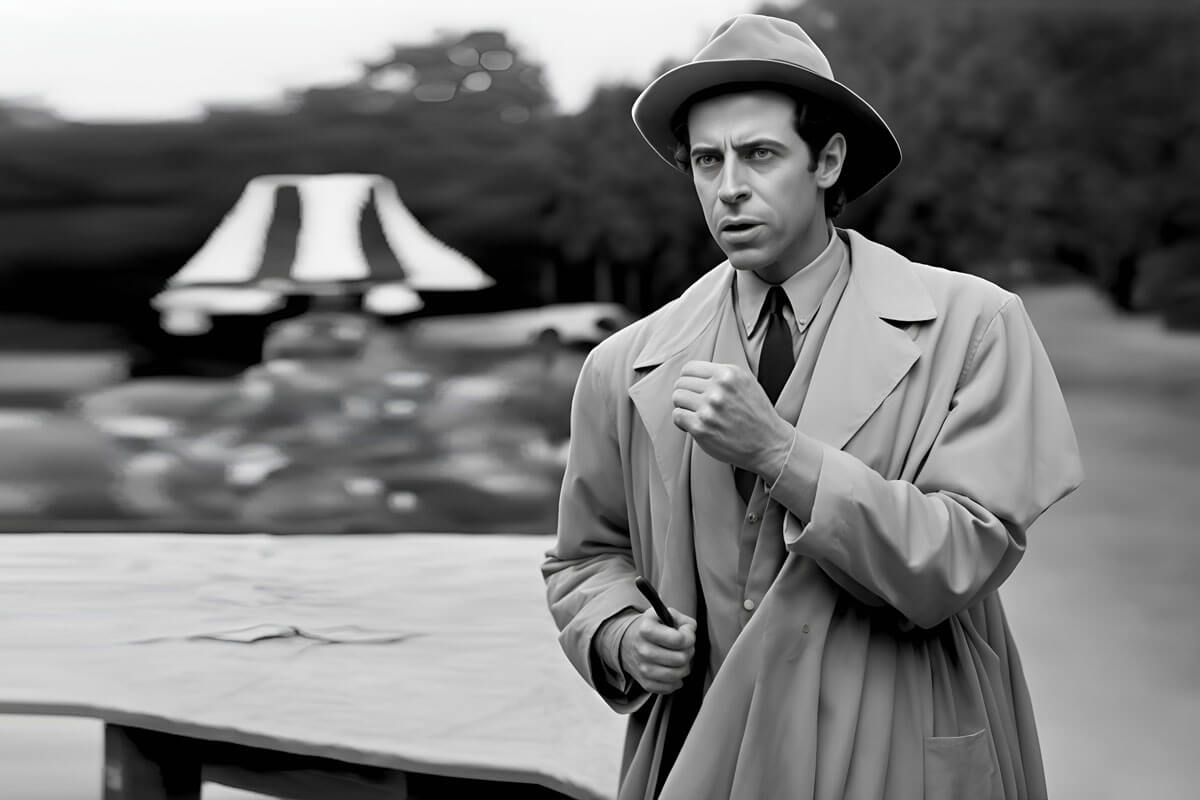 A man in a trench coat and hat in black & white