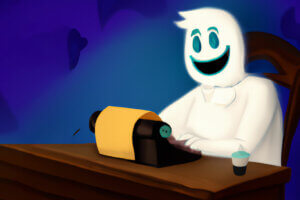 A friendly ghost writing a story on a typewriter, sitting at a desk.