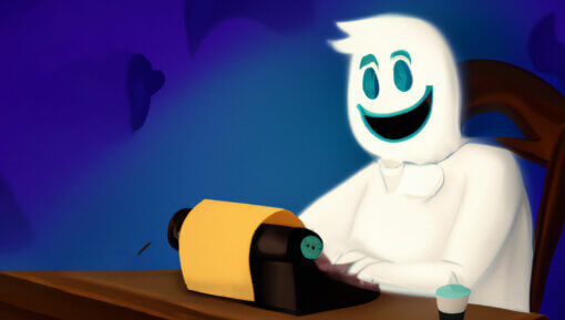A friendly ghost writing a story on a typewriter, sitting at a desk.