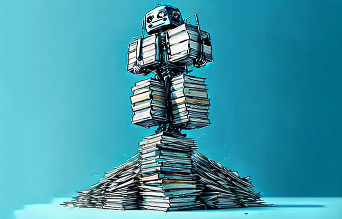 Ilustration V2 A robot standing on top of a giant pile of book 2