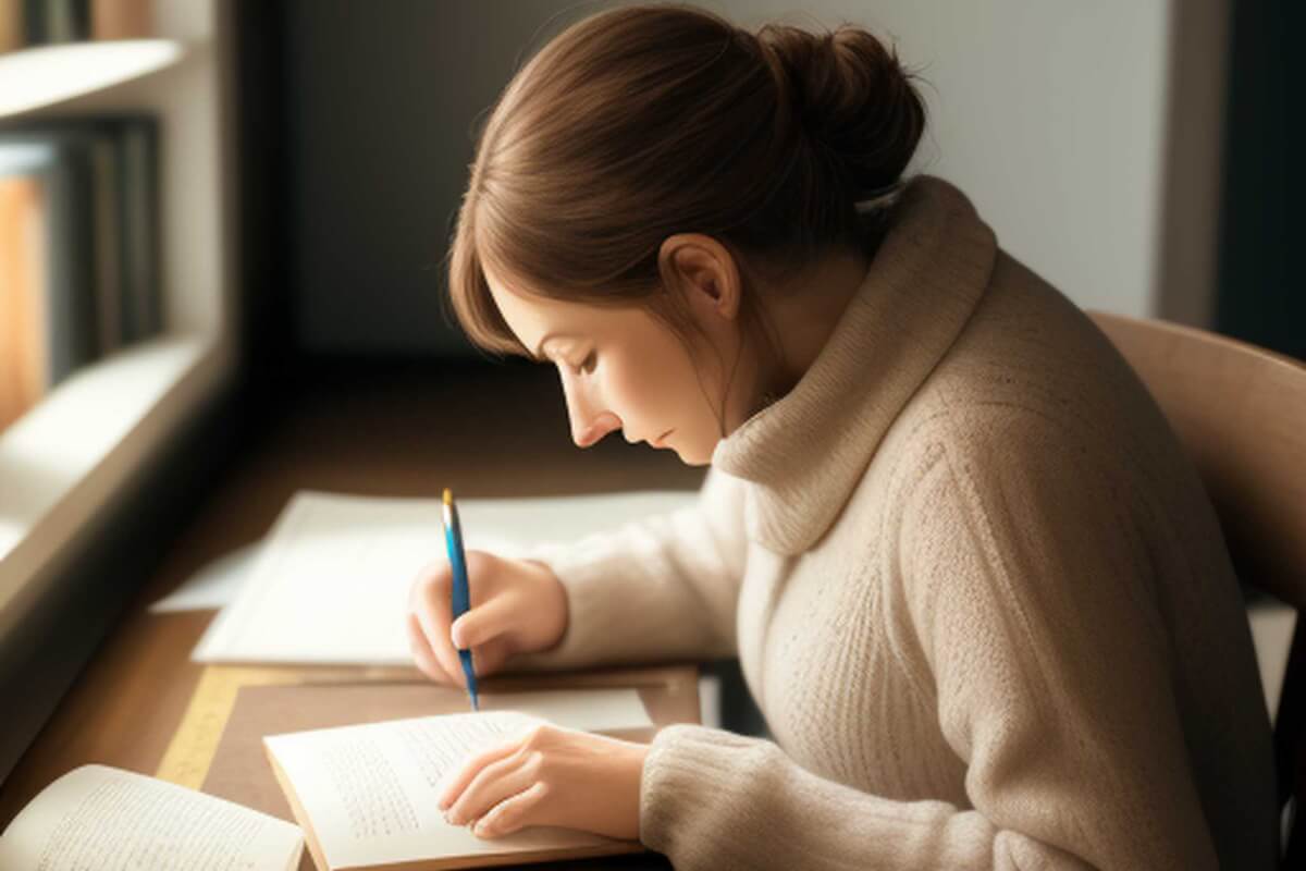 A woman writing in a journal at a desk in front of a window.