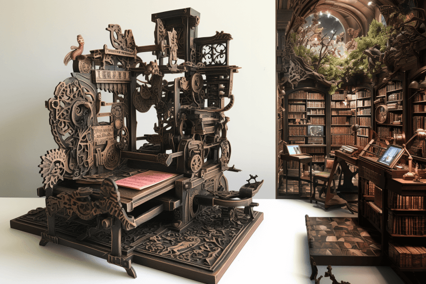 Printing press and whimsical bookstore