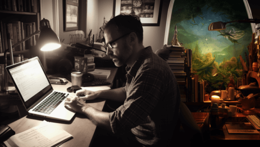 writer-at-desk-with-whimsical-background