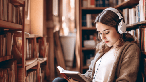 woman-reading-in-a-library-with-headphones