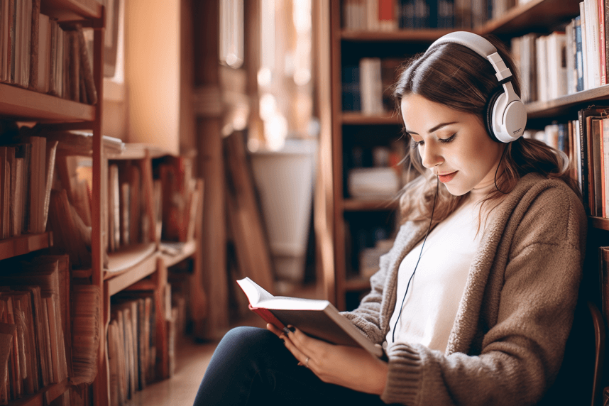 Woman reading in a library with headphones