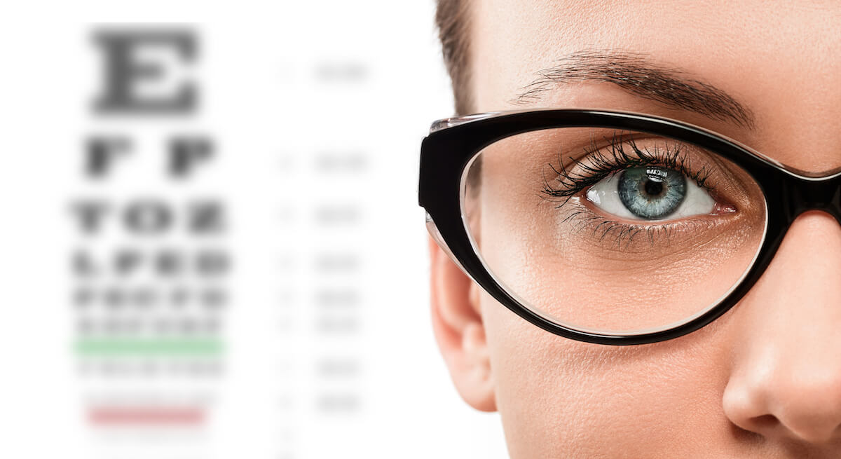 Cloese up of young woman wearing eyeglasses isolated on white background