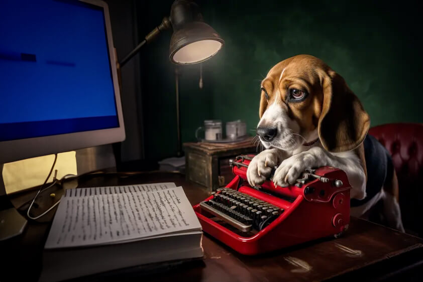 Dog typewriter midjourney firefly