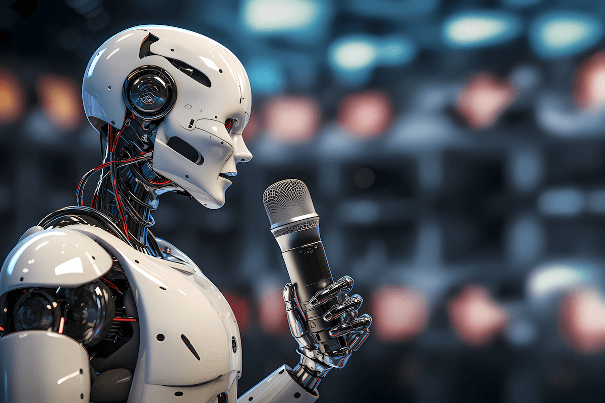 Maineblaine robot speaking into a microphone