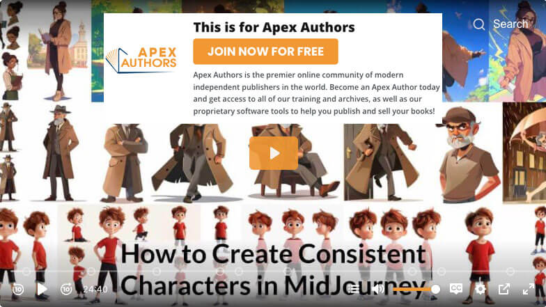 An image of a video titled "How to Create Consistent Characters in MidJourney" with a notice over the top that you must belong to Apex Authors to watch it.