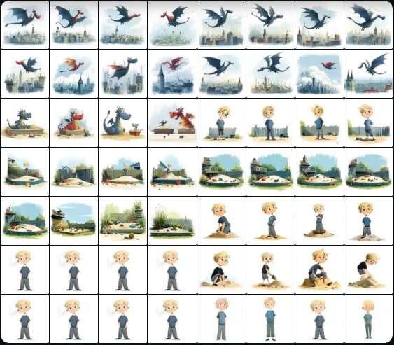 A collage of Midjourney generated images of a character, his sandbox, and his toy dragon brought to life.