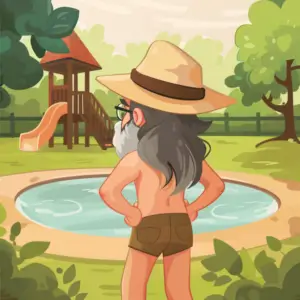 An old man facing away from the viewer and only wearing shorts and a hat at a water park