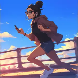 a woman running on a bridge with shorts and a sweatshirt, listening to something on her phone