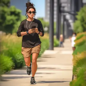 a woman jogging down a sidewalk in shorts and a t-shirt, adjusting something on her phone