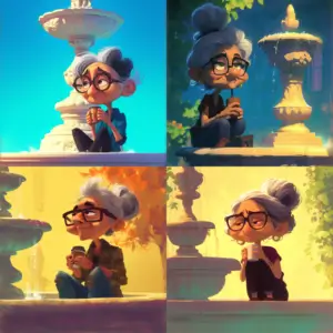 4 portraits of an old woman sitting next to (or in) a fountain with a cup of coffee