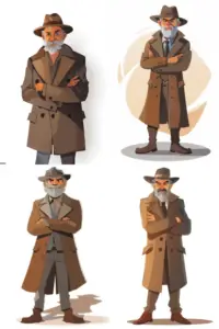 4 portraits of cartoon gentlemen with a gray beard and fedora.