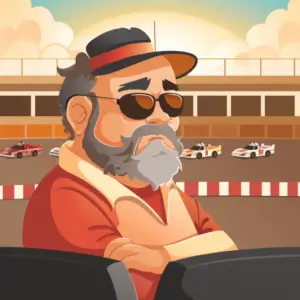 An older man with a beard wearing a visor and sunglasses watching a car race