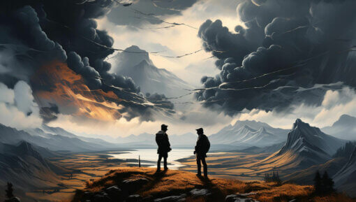 An image featuring the silhouettes of two figures facing off against each other, creating a sense of tension and conflict. An evocative landscape image with dark, dramatic clouds and turbulent weather, symbolizing the tumultuous nature of conflict.