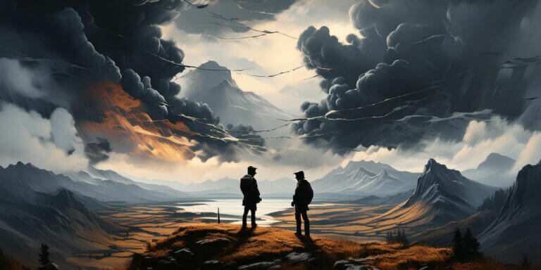 An image featuring the silhouettes of two figures facing off against each other, creating a sense of tension and conflict. An evocative landscape image with dark, dramatic clouds and turbulent weather, symbolizing the tumultuous nature of conflict.