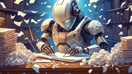 A robot sitting at a desk with a pile of books, furiously writing on a pad of paper with a pile of balled up pieces of paper discarded around the room