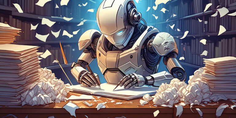 A robot sitting at a desk with a pile of books, furiously writing on a pad of paper with a pile of balled up pieces of paper discarded around the room