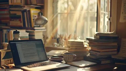 maineblaine_A_close-up_shot_of_a_cluttered_yet_inviting_writing_e76a8a54-f4bf-438e-94dc-ee79658291d0