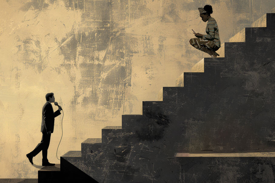 Man on stairs talking into microphone with woman listening at top