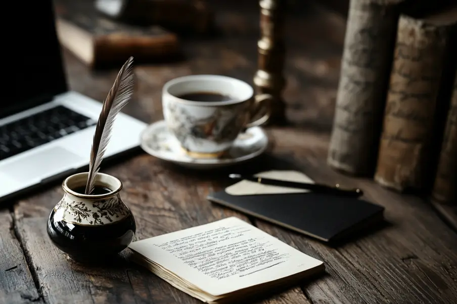 Maineblaine an office desk with a quill and inkwell next to a m 5f0fbf05 9c6f 4f2b b5ab 04f6677cdcb3
