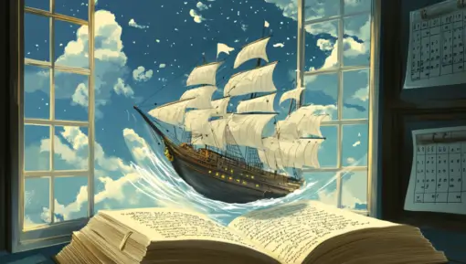 A whimsical illustration of a sailboat rushing out of the pages of a book in front of an open window.
