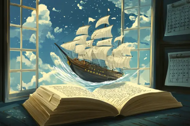 A whimsical illustration of a sailboat rushing out of the pages of a book in front of an open window.