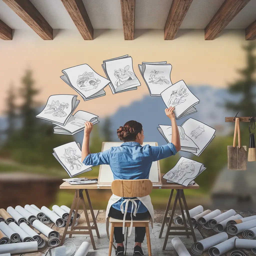 A woman sitting at an easel with rolls of paper arrayed around her on the ground, illustrations of mock covers floating above her head while she tries to grab at her favorites.