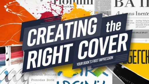 Creating the Right Cover written in a bold, modern font. The background is a collage of various book cover elements, including paint splashes, font samples, and color swatches. The smaller text reads: Your Book's First Impression. The overall design is vibrant, eye-catching, and professional.