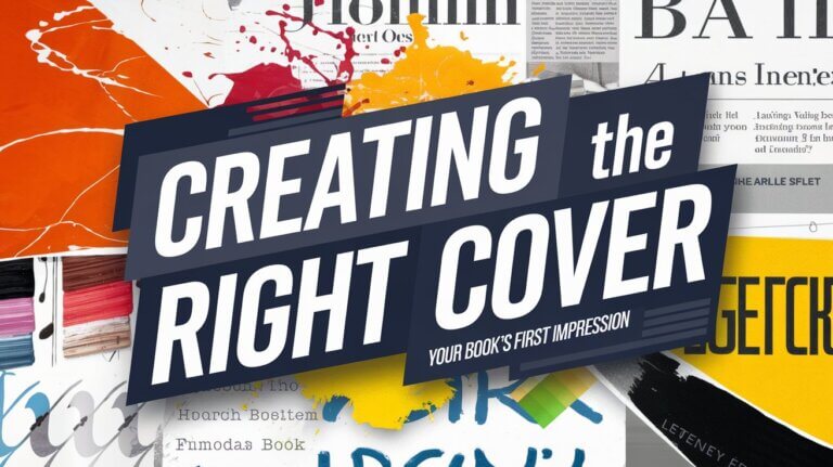 Creating the Right Cover written in a bold, modern font. The background is a collage of various book cover elements, including paint splashes, font samples, and color swatches. The smaller text reads: Your Book's First Impression. The overall design is vibrant, eye-catching, and professional.