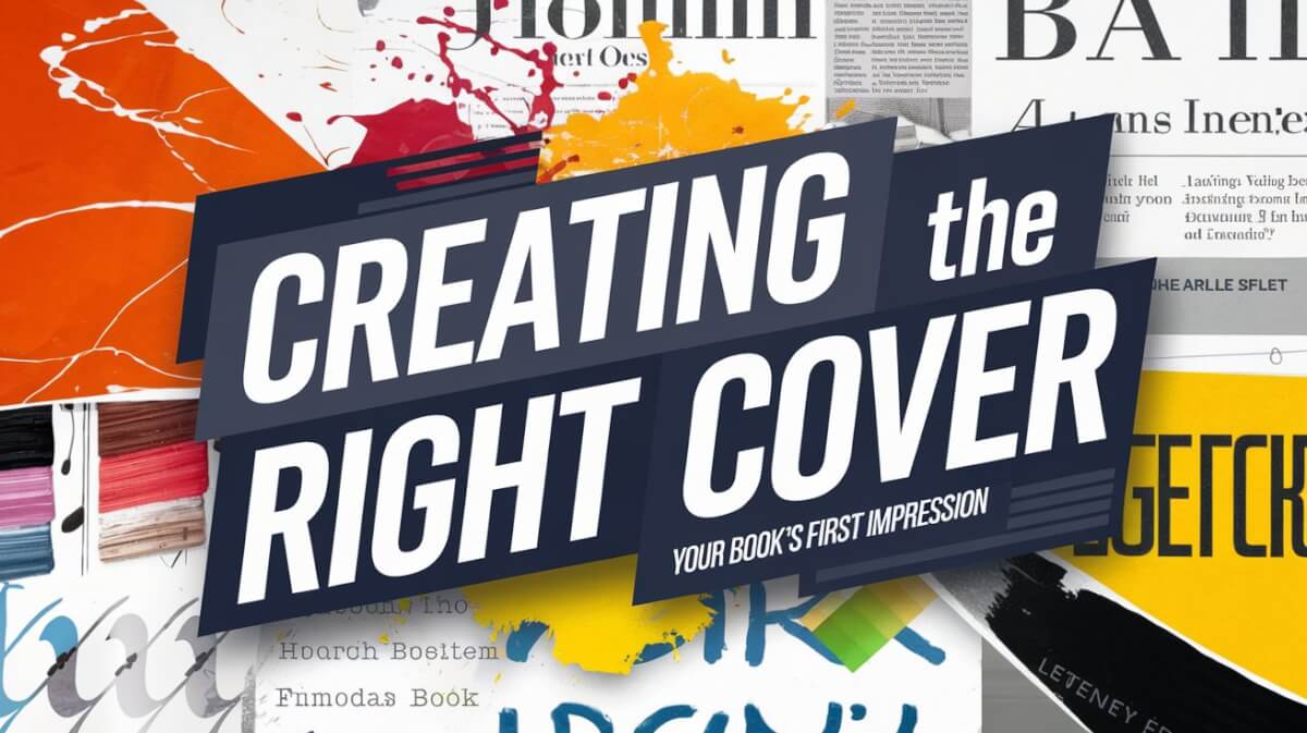 Creating the Right Cover written in a bold, modern font. The background is a collage of various book cover elements, including paint splashes, font samples, and color swatches. The smaller text reads: Your Book's First Impression. The overall design is vibrant, eye-catching, and professional.