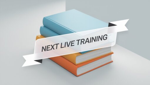 A minimalist digital art image of a clean, modern stack of 4 books with different colored covers. The stack is viewed from a slightly elevated angle. Overlaid on the image, but not obscuring the books entirely, is a semi-transparent ribbon with rounded corners. The banner contains the text 'Next Live Training' in a bold, contrasting color. The background is a simple, solid color (like a light gray or off-white) to keep the focus on the books and text.